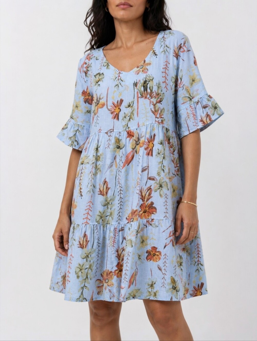Lungo L’Arno Linen Floral Tiered Mini Dress Blue Italy Womens M